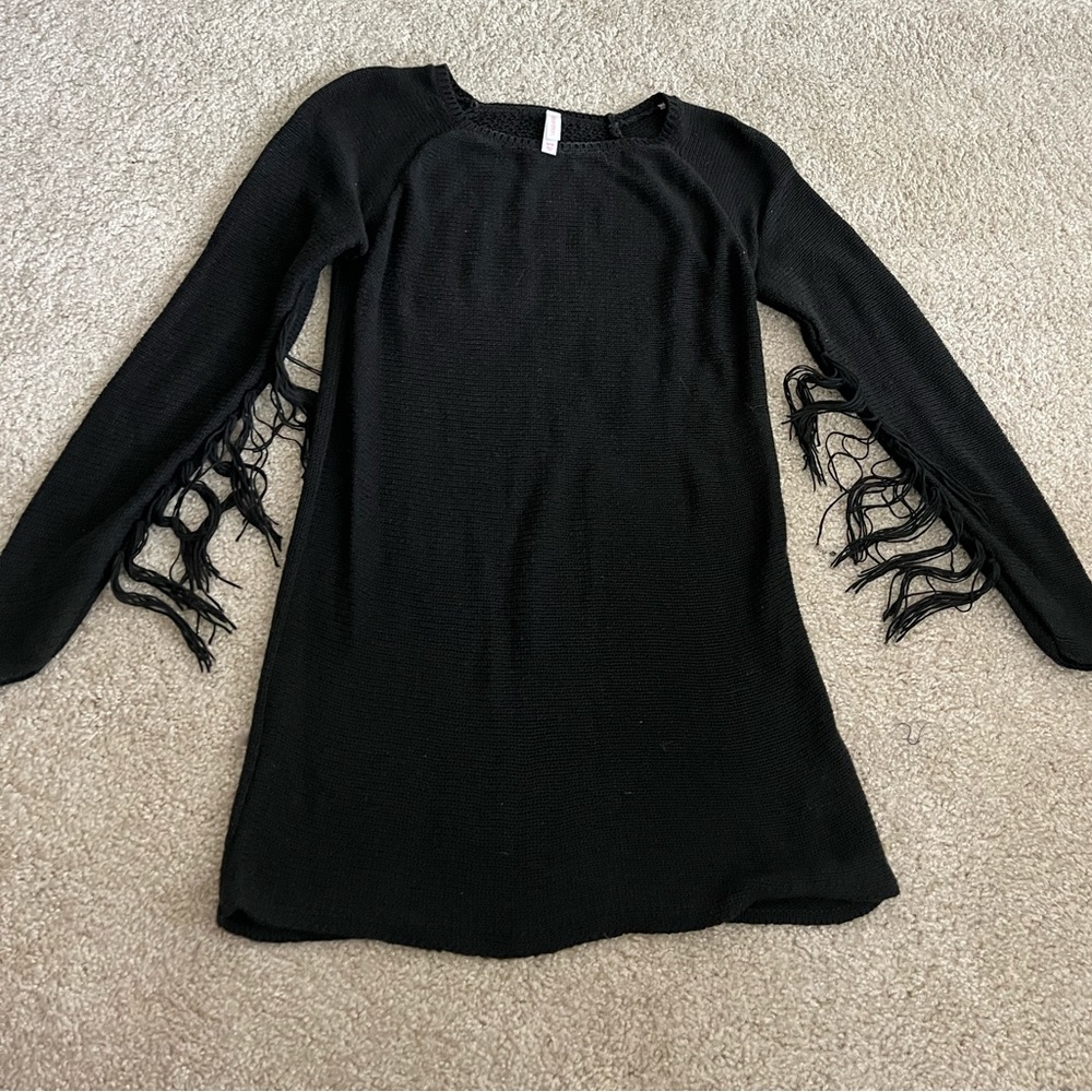 Black Sweater Fringe - Sleeve Dress
